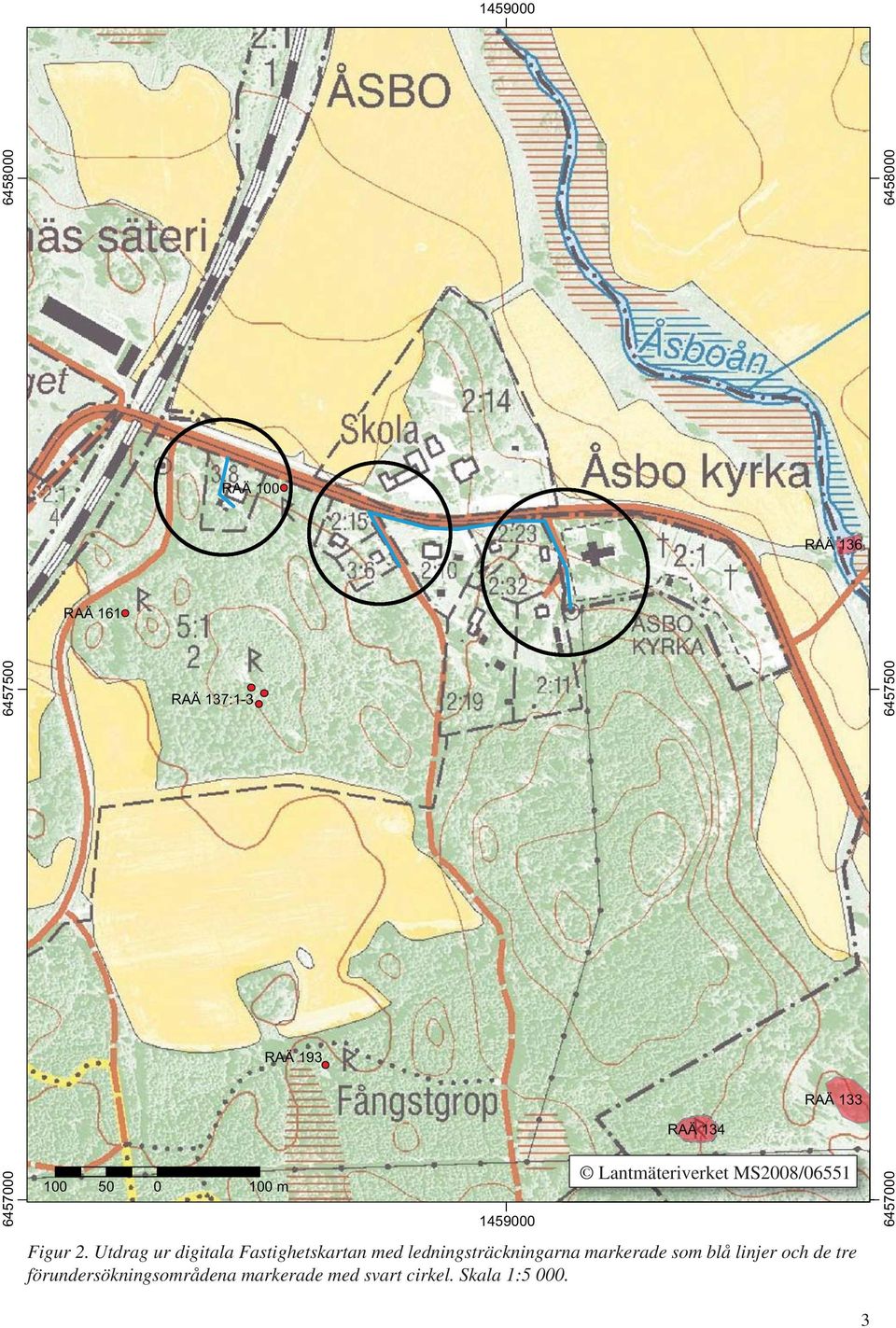 Utdrag ur digitala Fastighetskartan med ledningsträckningarna markerade som blå linjer