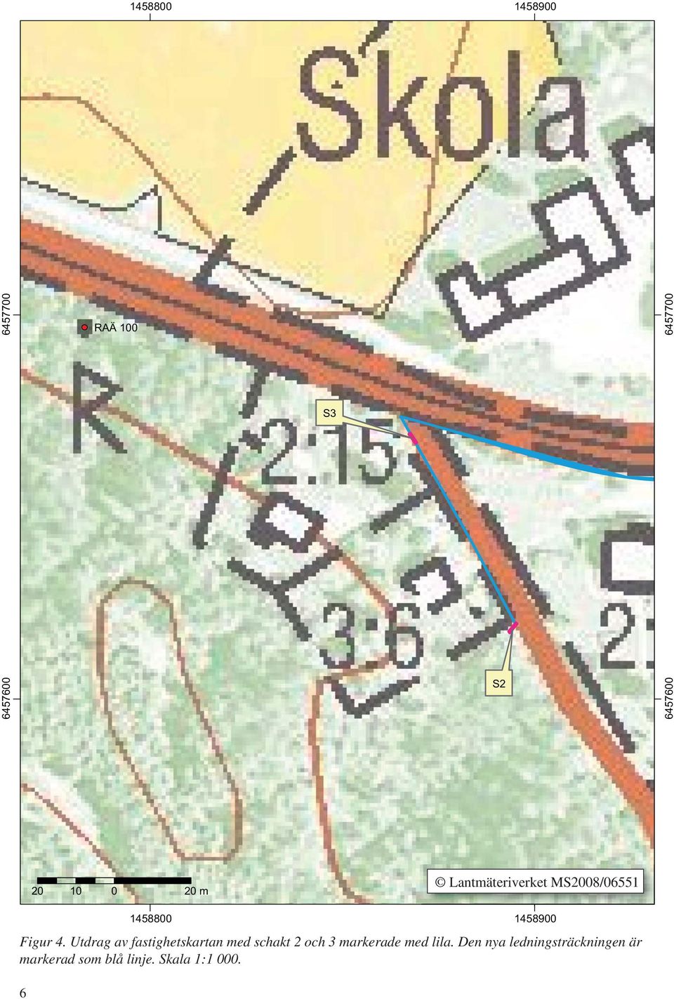 Utdrag av fastighetskartan med schakt 2 och 3 markerade med lila.
