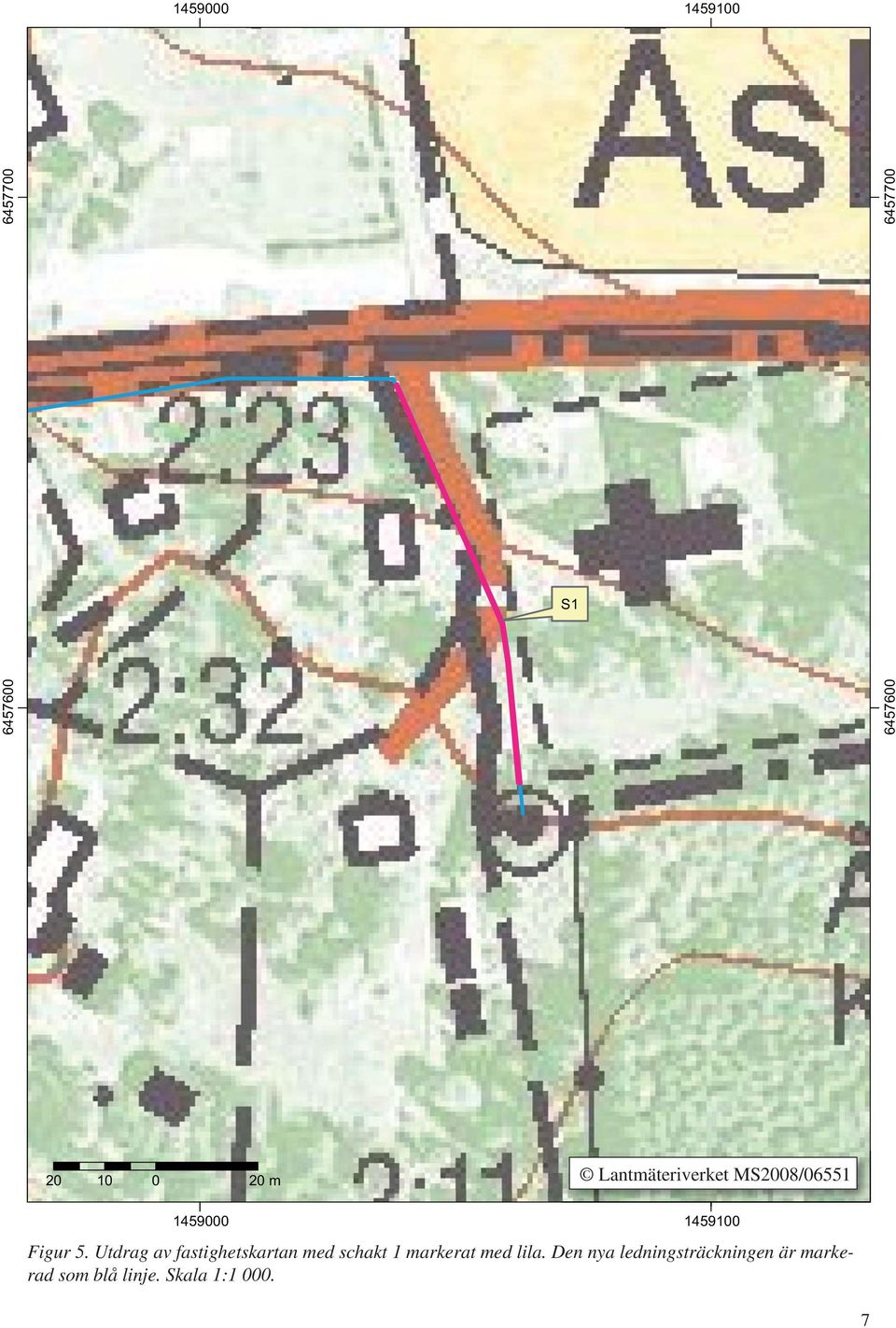 Utdrag av fastighetskartan med schakt 1 markerat med lila.