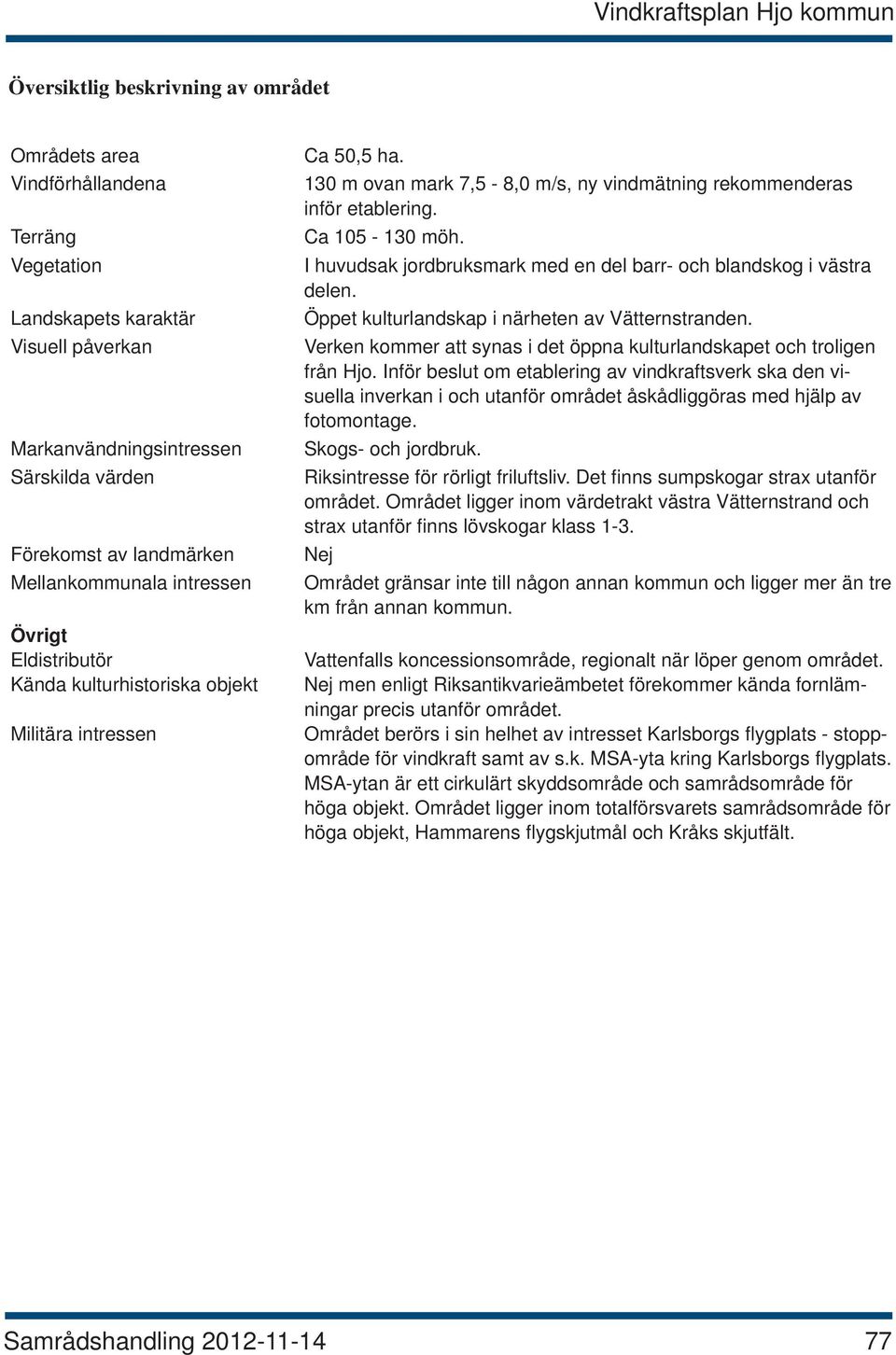 I huvudsak jordbruksmark med en del barr- och blandskog i västra delen. Öppet kulturlandskap i närheten av Vätternstranden. Verken kommer att synas i det öppna kulturlandskapet och troligen från Hjo.