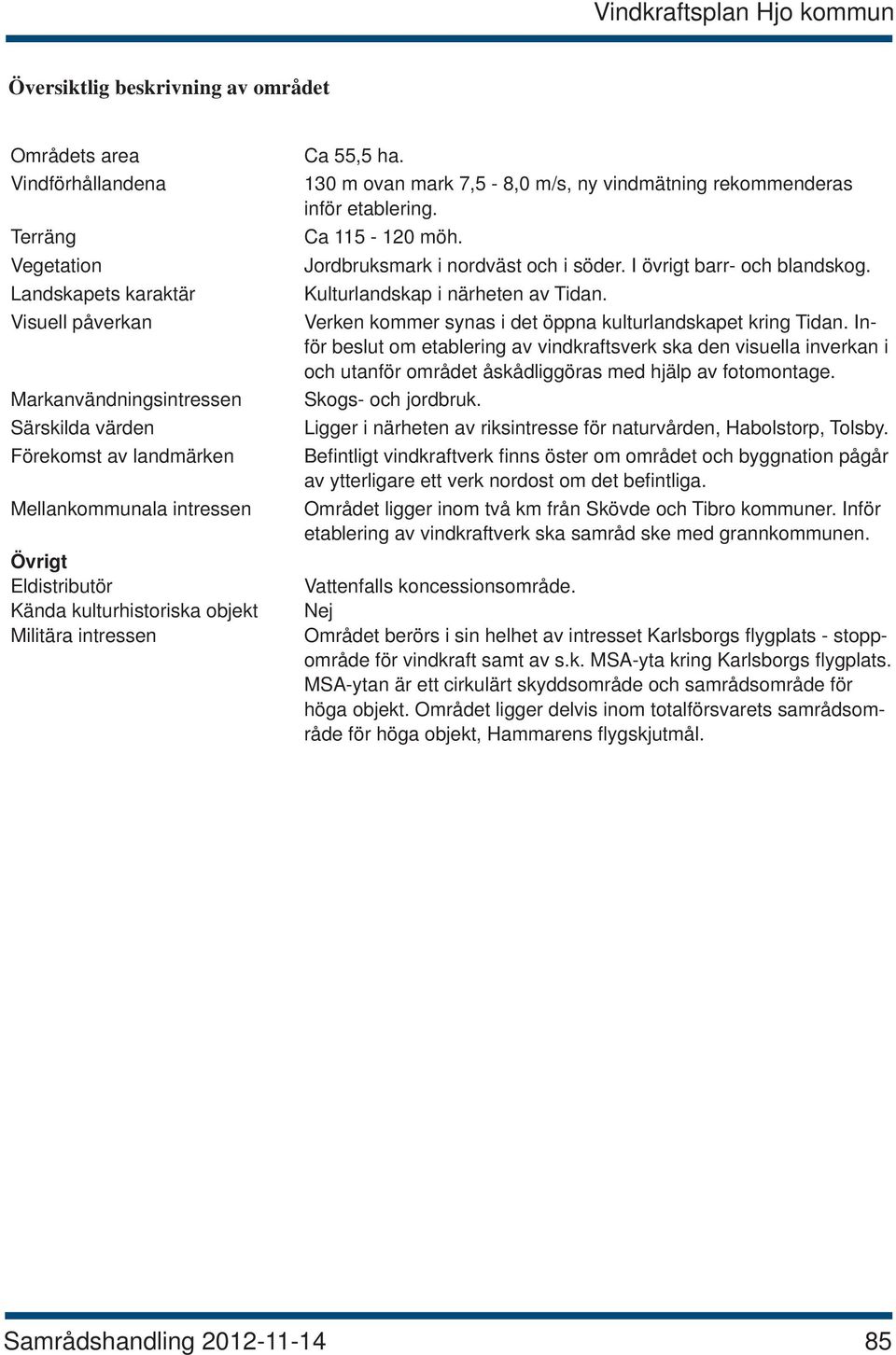 Jordbruksmark i nordväst och i söder. I övrigt barr- och blandskog. Kulturlandskap i närheten av Tidan. Verken kommer synas i det öppna kulturlandskapet kring Tidan.