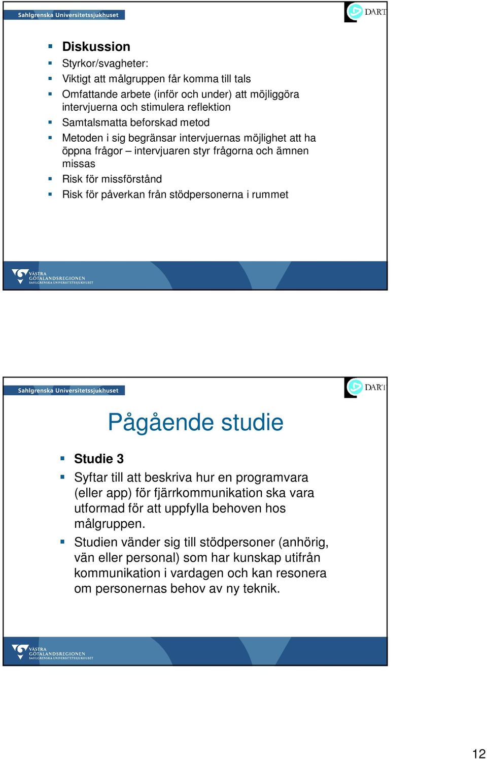 stödpersonerna i rummet Pågående studie Studie 3 Syftar till att beskriva hur en programvara (eller app) för fjärrkommunikation ska vara utformad för att uppfylla behoven hos