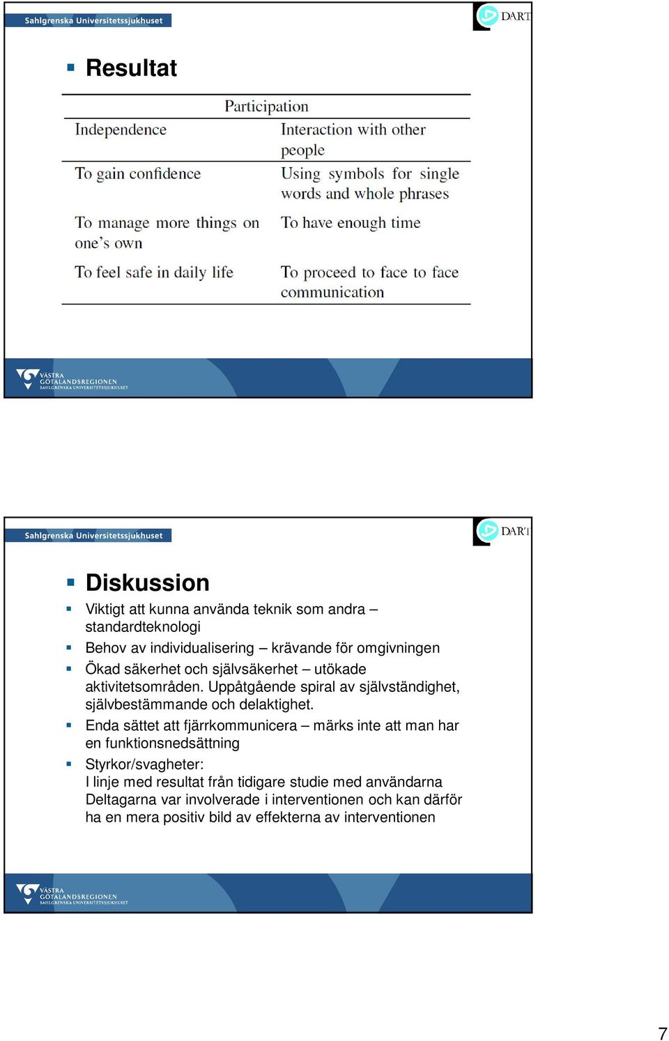 Enda sättet att fjärrkommunicera märks inte att man har en funktionsnedsättning Styrkor/svagheter: I linje med resultat från tidigare