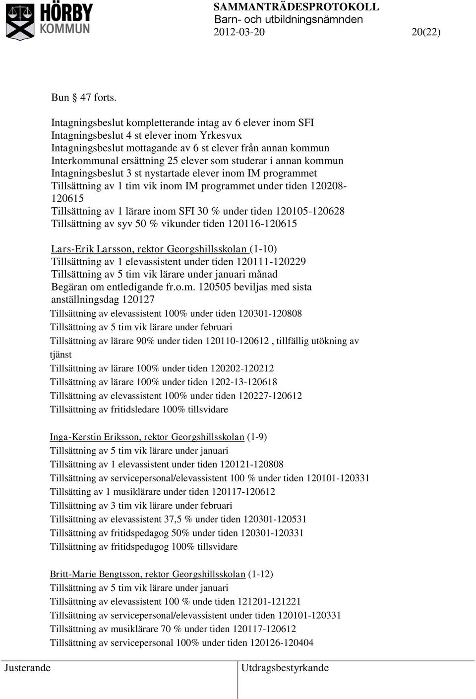 som studerar i annan kommun Intagningsbeslut 3 st nystartade elever inom IM programmet Tillsättning av 1 tim vik inom IM programmet under tiden 120208-120615 Tillsättning av 1 lärare inom SFI 30 %