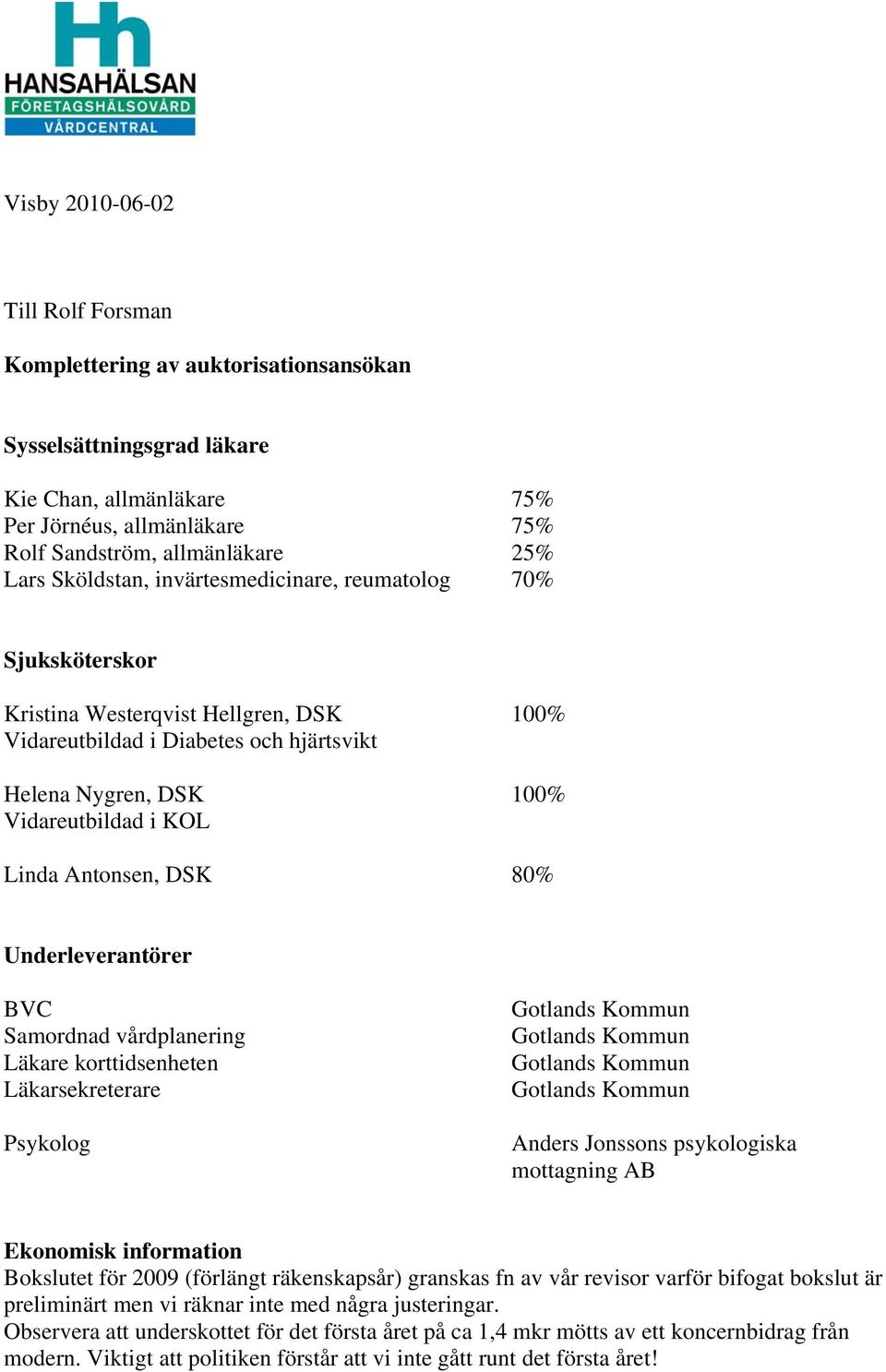 Antonsen, DSK 80% Underleverantörer BVC Samordnad vårdplanering Läkare korttidsenheten Läkarsekreterare Psykolog Anders Jonssons psykologiska mottagning AB Ekonomisk information Bokslutet för 2009