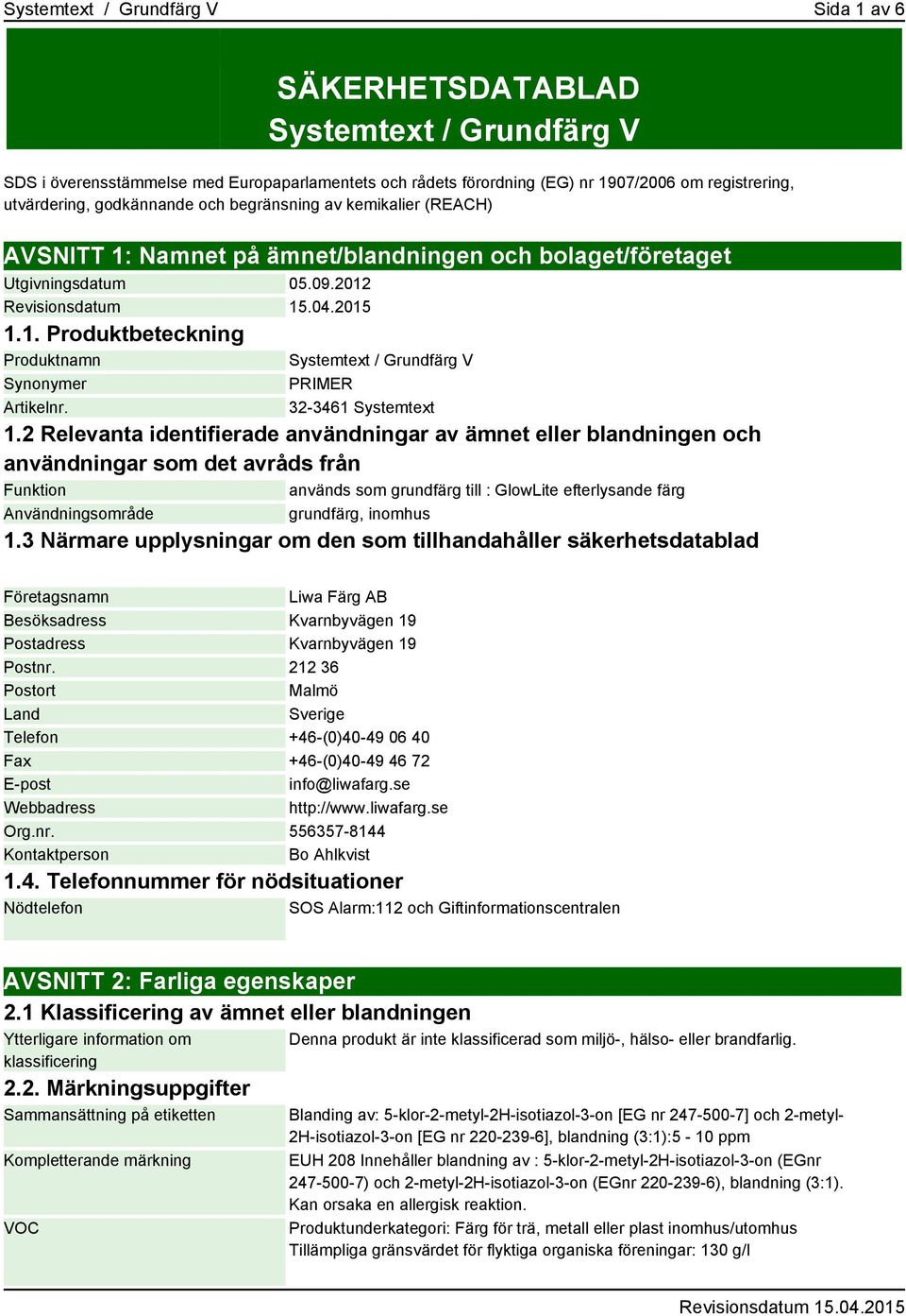 Systemtext / Grundfärg V PRIMER 32-3461 Systemtext 1.