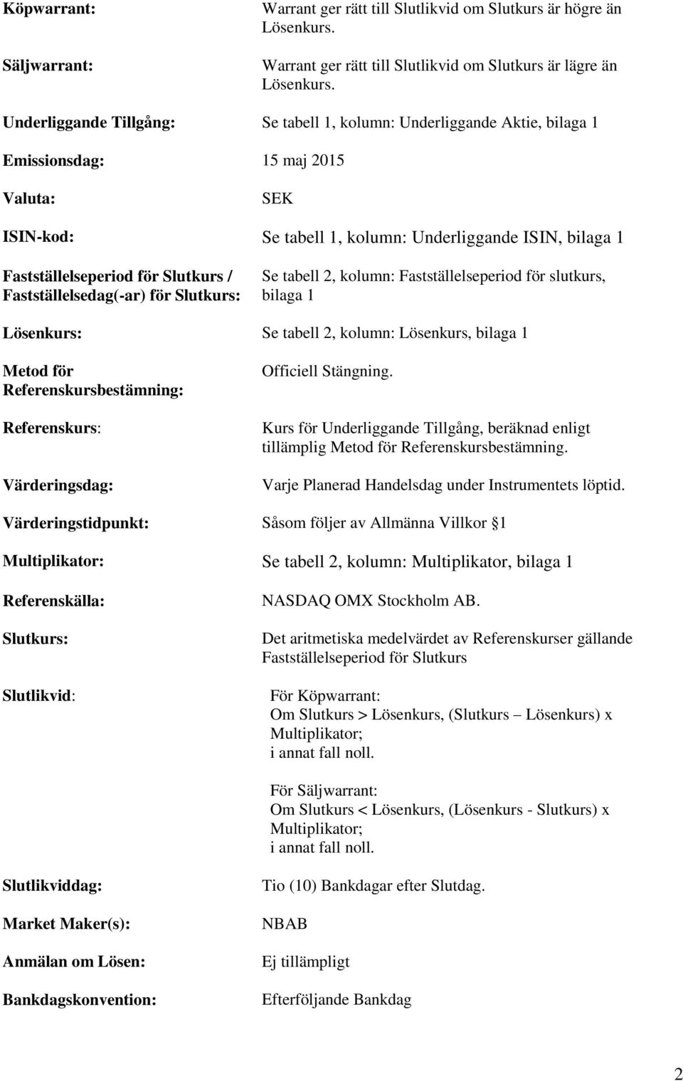 Fastställelsedag(-ar) för Slutkurs: Se tabell 2, kolumn: Fastställelseperiod för slutkurs, bilaga 1 Lösenkurs: Se tabell 2, kolumn: Lösenkurs, bilaga 1 Metod för Referenskursbestämning: Referenskurs: