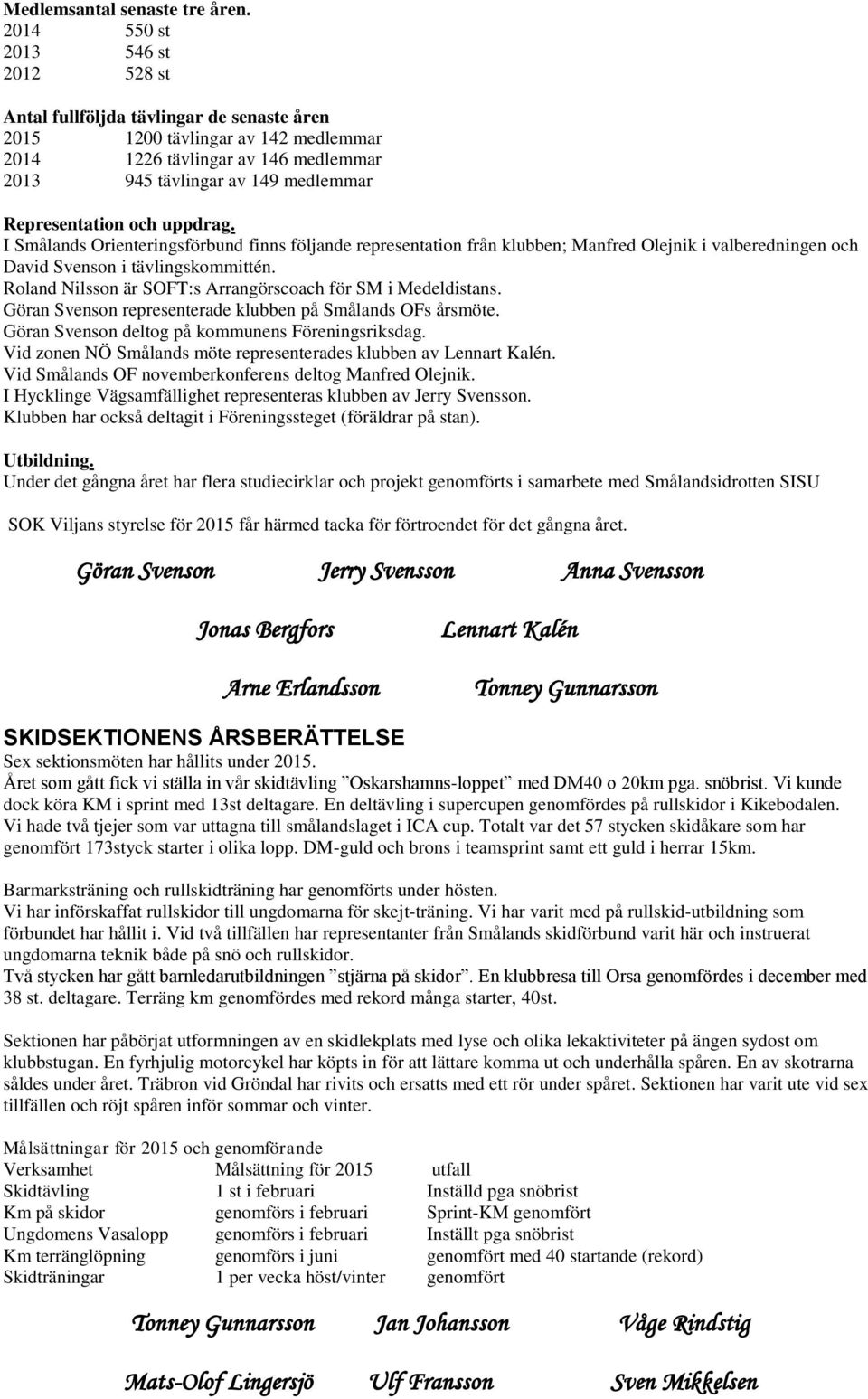Representation och uppdrag. I Smålands Orienteringsförbund finns följande representation från klubben; Manfred Olejnik i valberedningen och David Svenson i tävlingskommittén.