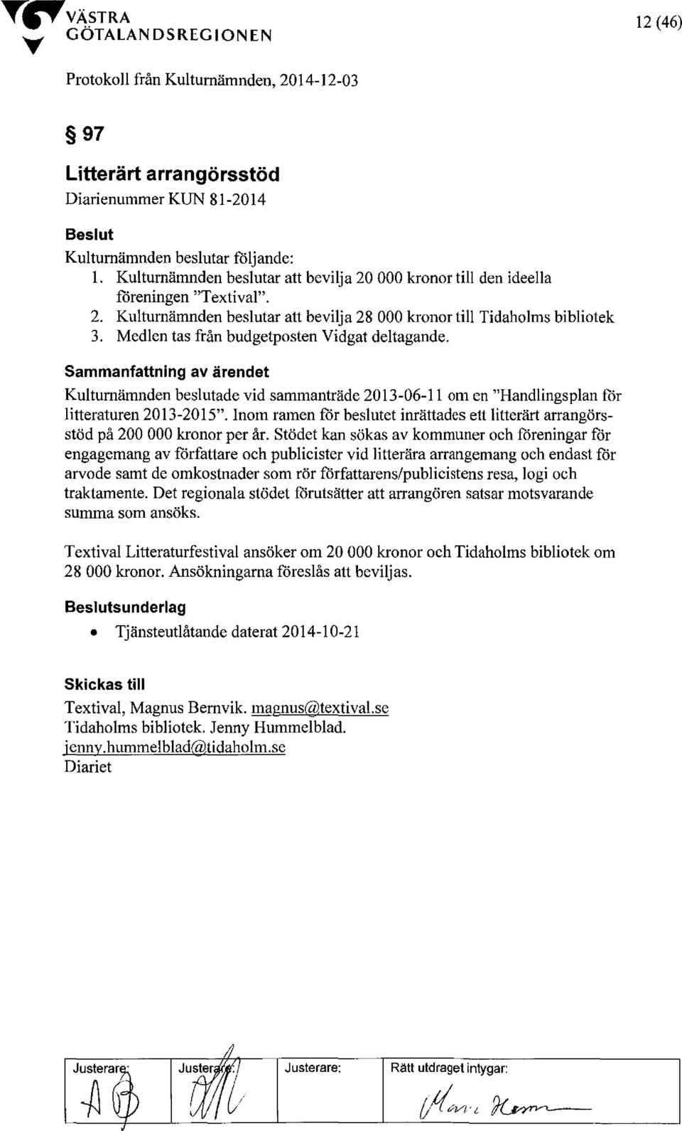 Kulturnämnden beslutade vid sammanträde 2013-06-11 om en "Handlingsplan för litteraturen 2013-2015". Inom ramen för beslutet inrättades ett litterärt arrangörsstöd på 200 000 kronor per år.