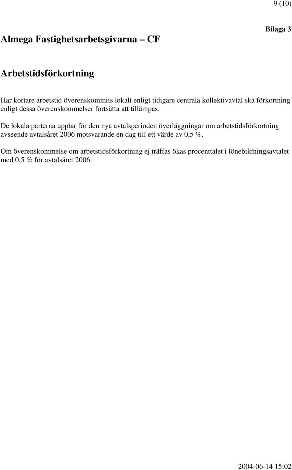 De lokala parterna upptar för den nya avtalsperioden överläggningar om arbetstidsförkortning avseende avtalsåret 2006