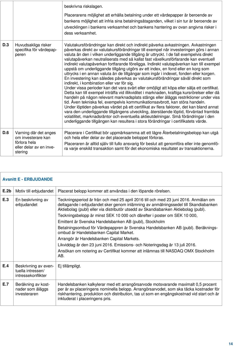 verksamhet och bankens hantering av ovan angivna risker i dess verksamhet. D.3 Huvudsakliga risker specifika för värdepapperen Valutakursförändringar kan direkt och indirekt påverka avkastningen.