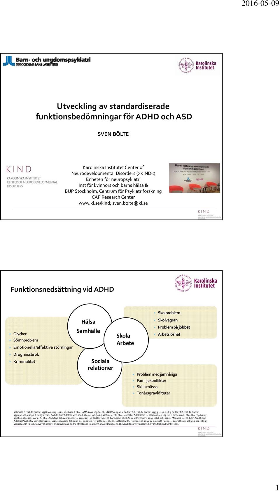 se Funktionsnedsättning vid ADHD Olyckor Sömnproblem Emotionella/affektiva störningar Hälsa Samhälle Drogmissbruk Kriminalitet Sociala relationer Skola Arbete Skolproblem Skolvägran Problem på jobbet