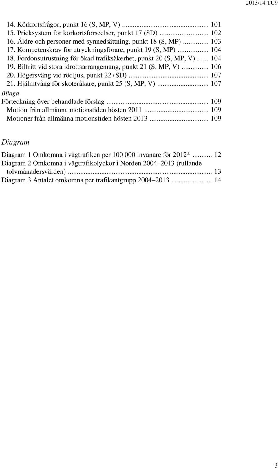 .. 106 20. Högersväng vid rödljus, punkt 22 (SD)... 107 21. Hjälmtvång för skoteråkare, punkt 25 (S, MP, V)... 107 Bilaga Förteckning över behandlade förslag.