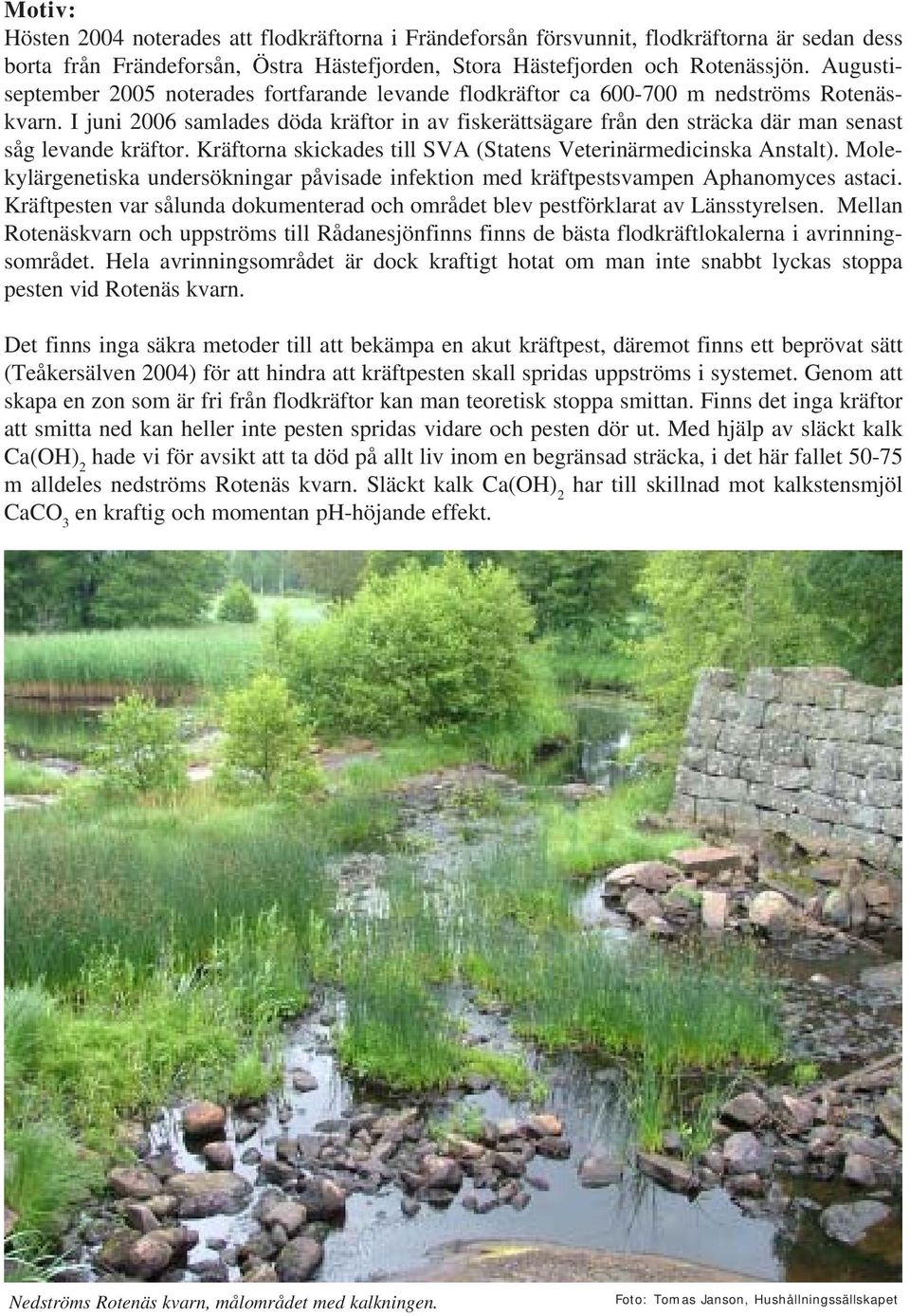 I juni 2006 samlades döda kräftor in av fiskerättsägare från den sträcka där man senast såg levande kräftor. Kräftorna skickades till SVA (Statens Veterinärmedicinska Anstalt).