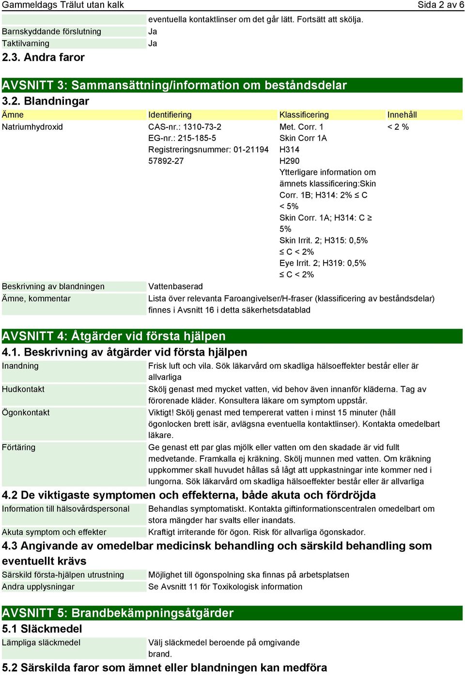 : 215-185-5 Registreringsnummer: 01-21194 57892-27 Beskrivning av blandningen Ämne, kommentar AVSNITT 4: Åtgärder vid första hjälpen 4.1. Beskrivning av åtgärder vid första hjälpen Inandning Hudkontakt Ögonkontakt Förtäring Met.