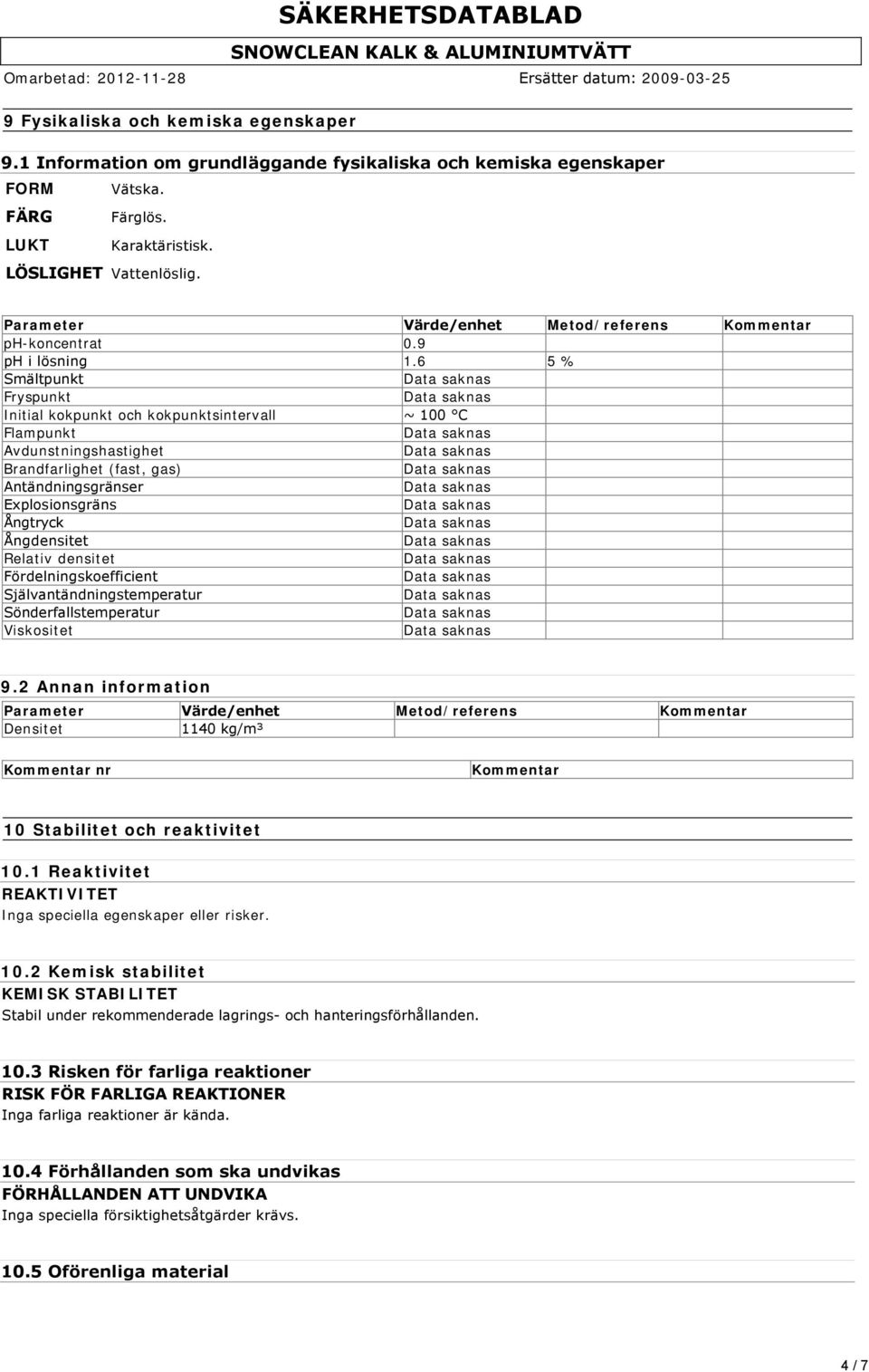 6 5 % Smältpunkt Fryspunkt Initial kokpunkt och kokpunktsintervall ~ 100 C Flampunkt Avdunstningshastighet Brandfarlighet (fast, gas) Antändningsgränser Explosionsgräns Ångtryck Ångdensitet Relativ