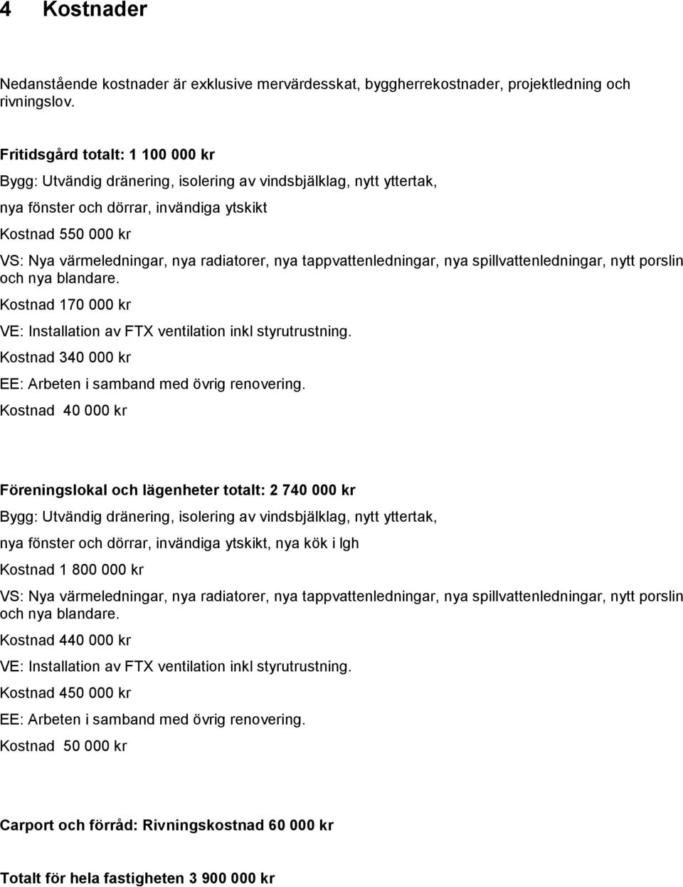 radiatorer, nya tappvattenledningar, nya spillvattenledningar, nytt porslin och nya blandare. Kostnad 170 000 kr VE: Installation av FTX ventilation inkl styrutrustning.