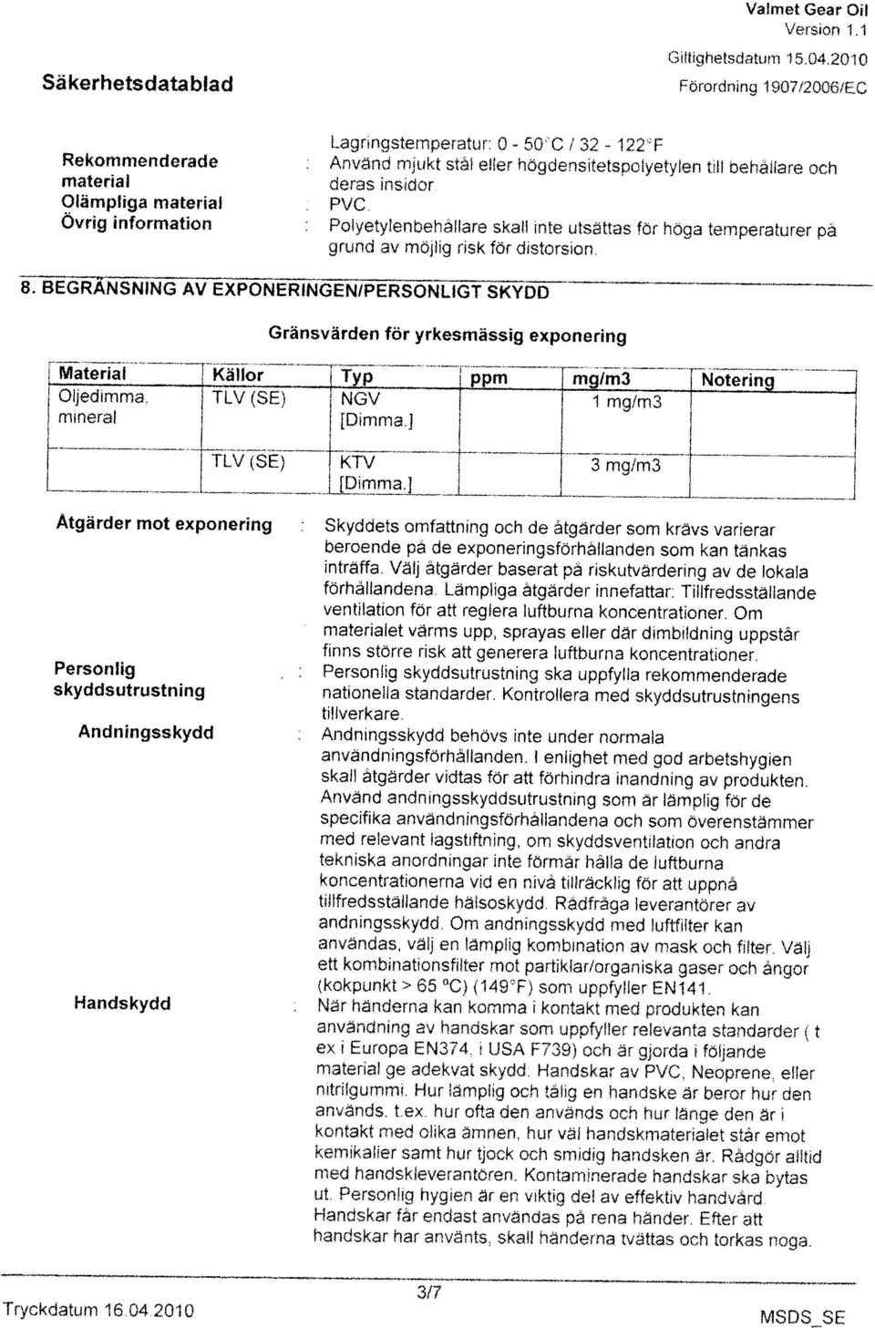 Lagringstemperatur 0-50 C 1 32-122 F Säkerhtsdatablad Fötordnkig 1907120051EC Giltighetsdatum 15.04.2010 Tryckdatum 16.04.2010 MSDS_SE v RWE : r.