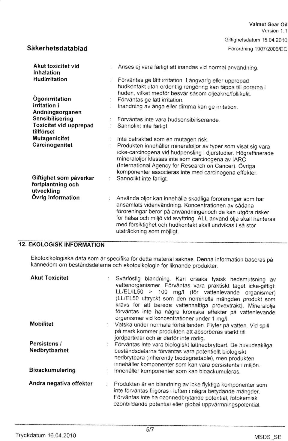 vilket medför besvär sasom oljeakne/follikulit. Version Ii Valmet Gear 011 Tryckdatum 16.04.