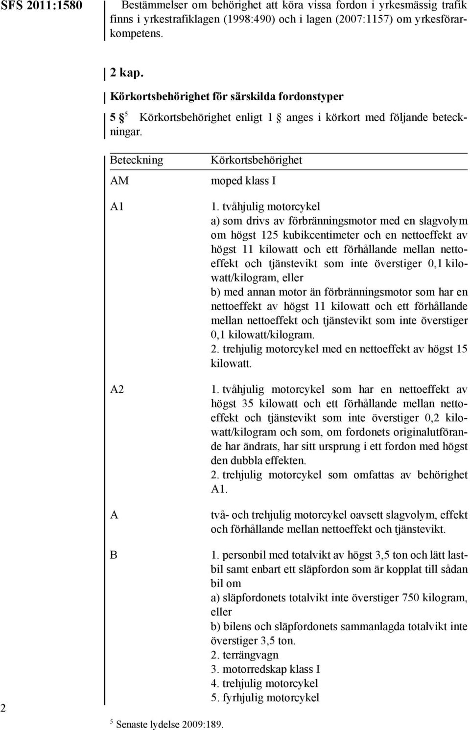 tvåhjulig motorcykel a) som drivs av förbränningsmotor med en slagvolym om högst 125 kubikcentimeter och en nettoeffekt av högst 11 kilowatt och ett förhållande mellan nettoeffekt och tjänstevikt som