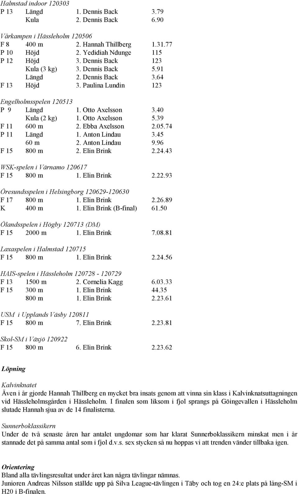 39 F 11 600 m 2. Ebba Axelsson 2.05.74 P 11 Längd 1. Anton Lindau 3.45 60 m 2. Anton Lindau 9.96 F 15 800 m 2. Elin Brink 2.24.43 WSK-spelen i Värnamo 120617 F 15 800 m 1. Elin Brink 2.22.