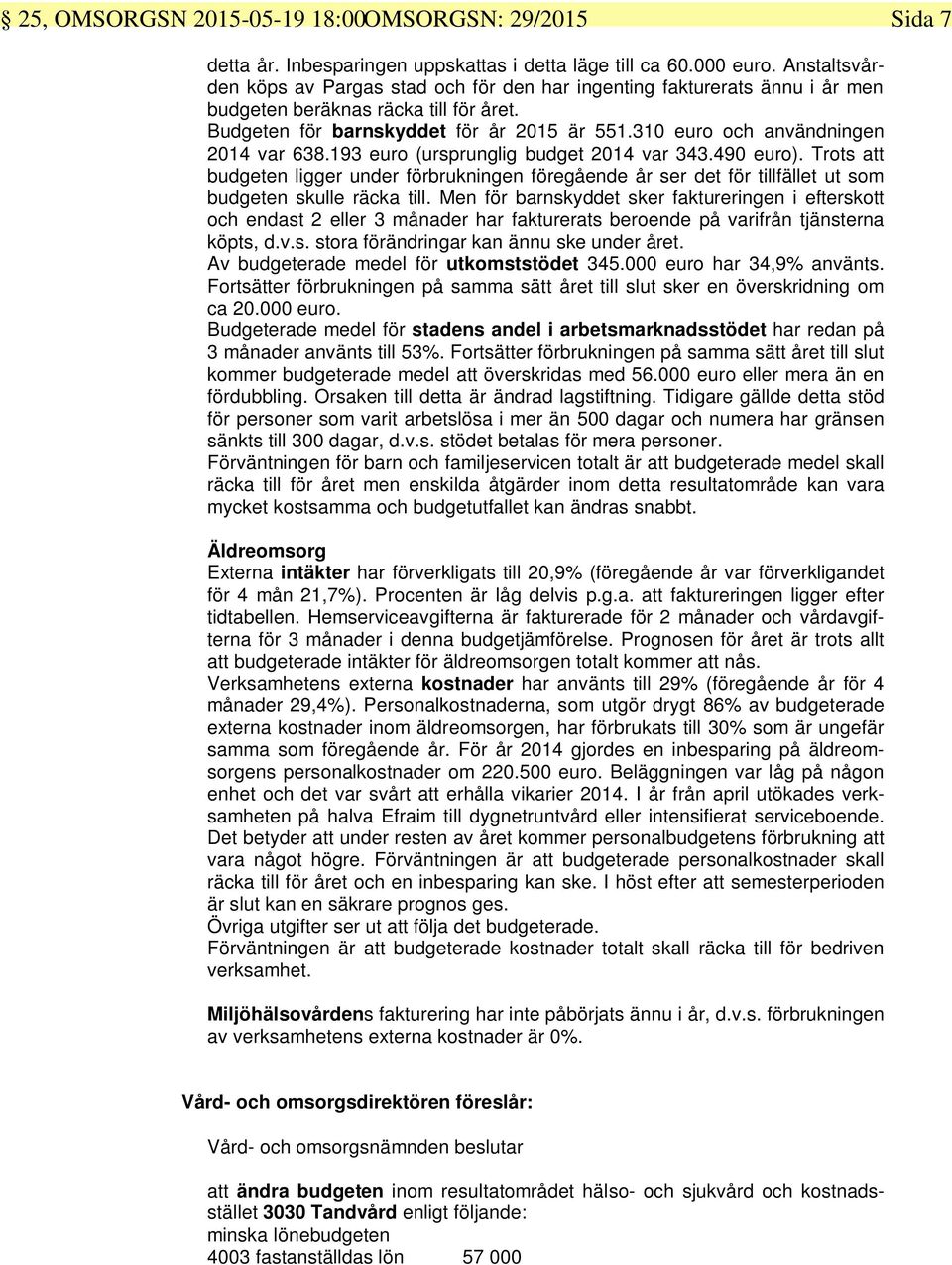 310 euro och användningen 2014 var 638.193 euro (ursprunglig budget 2014 var 343.490 euro).