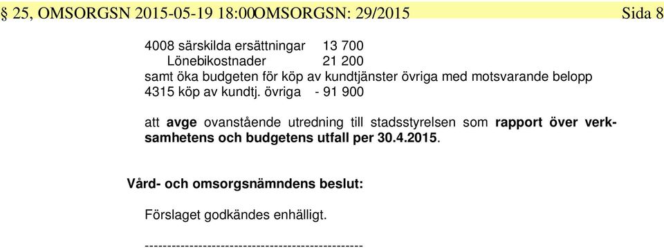 övriga - 91 900 att avge ovanstående utredning till stadsstyrelsen som rapport över verksamhetens och budgetens