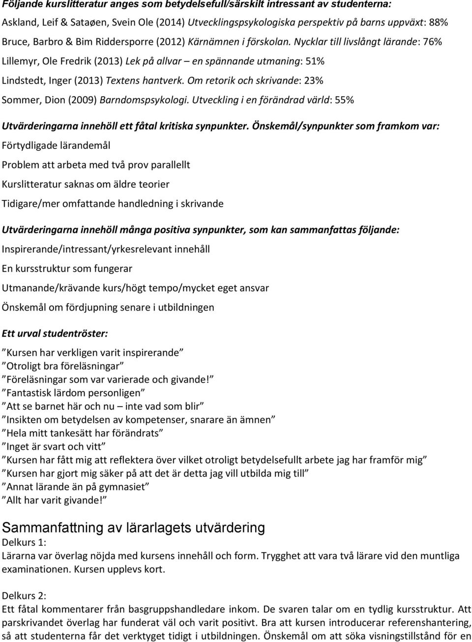 Om retorik och skrivande: 23% Sommer, Dion (2009) Barndomspsykologi. Utveckling i en förändrad värld: 55% Utvärderingarna innehöll ett fåtal kritiska synpunkter.