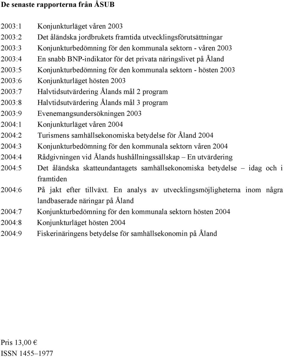 Halvtidsutvärdering Ålands mål 2 program 2003:8 Halvtidsutvärdering Ålands mål 3 program 2003:9 Evenemangsundersökningen 2003 2004:1 Konjunkturläget våren 2004 2004:2 Turismens samhällsekonomiska
