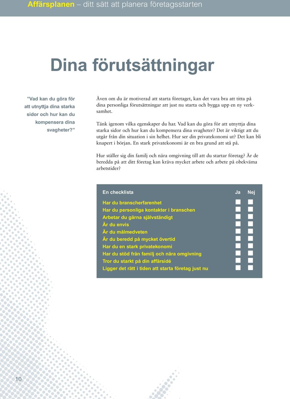 Vad kan du göra för att utnyttja dina starka sidor och hur kan du kompensera dina svagheter? Det är viktigt att du utgår från din situation i sin helhet. Hur ser din privatekonomi ut?