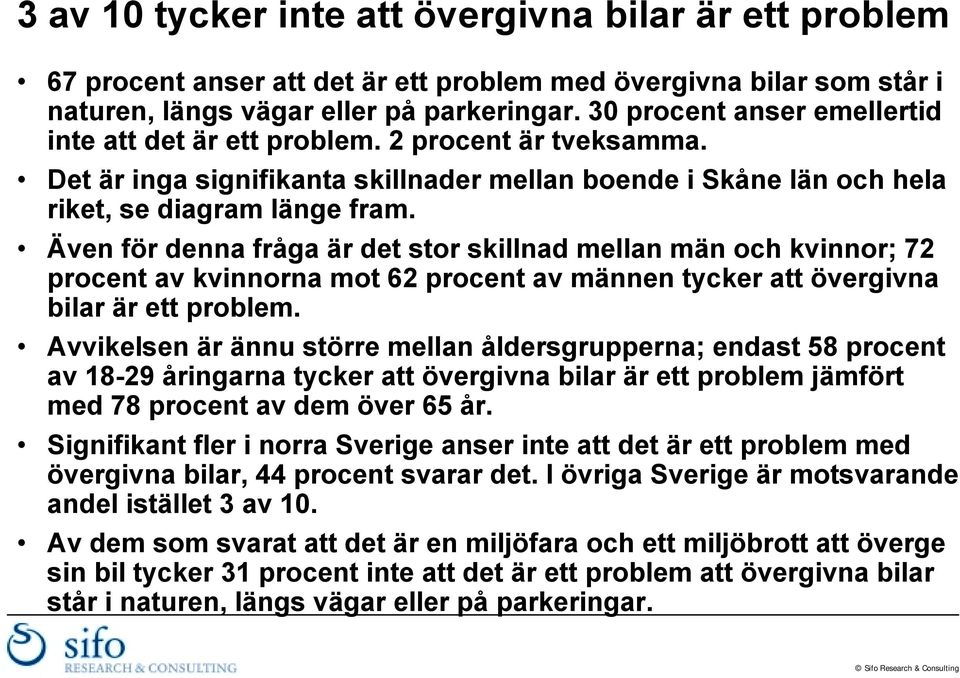 Även för denna fråga är det stor skillnad mellan män och kvinnor; 72 procent av kvinnorna mot 62 procent av männen tycker att övergivna bilar är ett problem.