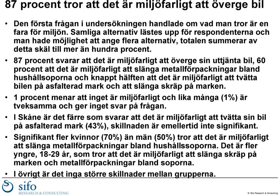87 procent svarar att det är miljöfarligt att överge sin uttjänta bil, 60 procent att det är miljöfarligt att slänga metallförpackningar bland hushållsoporna och knappt hälften att det är