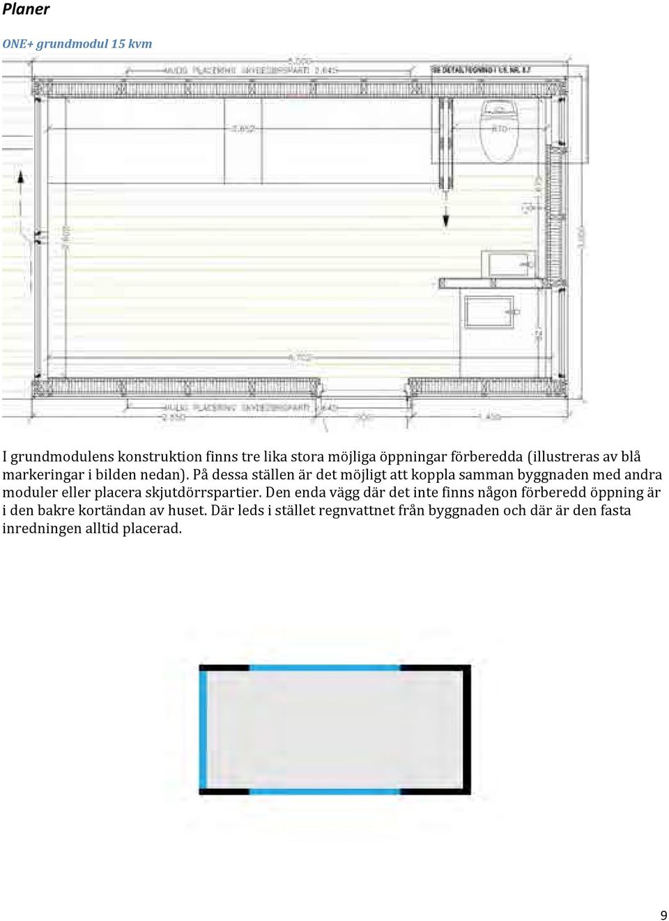 På dessa ställen är det möjligt att koppla samman byggnaden med andra moduler eller placera skjutdörrspartier.