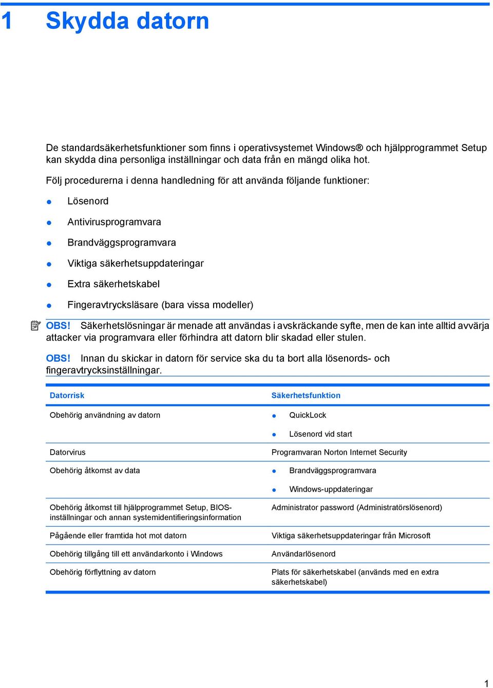 (bara vissa modeller) OBS! Säkerhetslösningar är menade att användas i avskräckande syfte, men de kan inte alltid avvärja attacker via programvara eller förhindra att datorn blir skadad eller stulen.