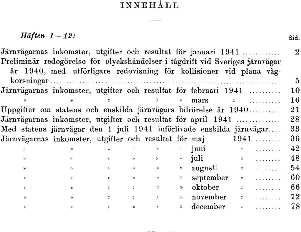 plana vägkorsningar 5 Järnvägarnas inkomster, utgifter och resultat för februari 1941 10 Järnvägarnas inkomster, utgifter och resultat för mars 1941 16 Uppgifter om statens och enskilda järnvägars