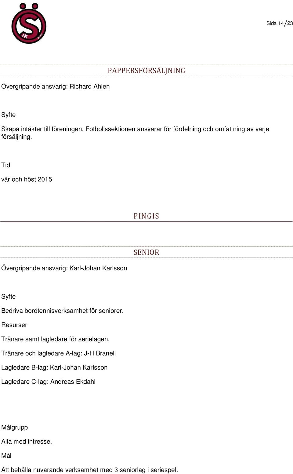 vår och höst 2015 PINGIS Övergripande ansvarig: Karl-Johan Karlsson SENIOR Bedriva bordtennisverksamhet för seniorer.