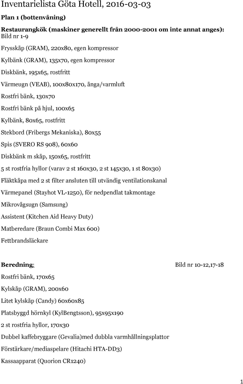 Mekaniska), 80x55 Spis (SVERO RS 908), 60x60 Diskbänk m skåp, 150x65, rostfritt 5 st rostfria hyllor (varav 2 st 160x30, 2 st 145x30, 1 st 80x30) Fläktkåpa med 2 st filter ansluten till utvändig