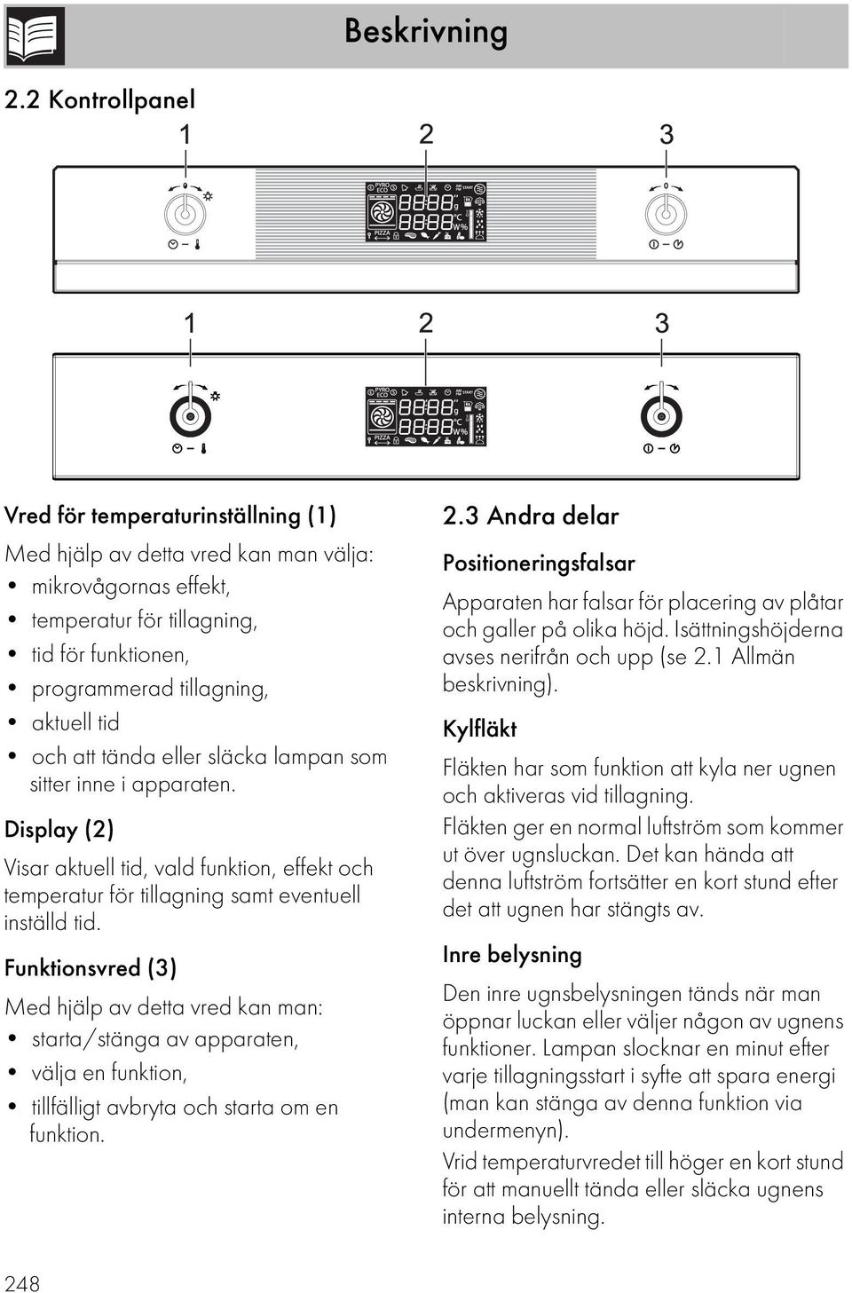 att tända eller släcka lampan som sitter inne i apparaten. Display (2) Visar aktuell tid, vald funktion, effekt och temperatur för tillagning samt eventuell inställd tid.