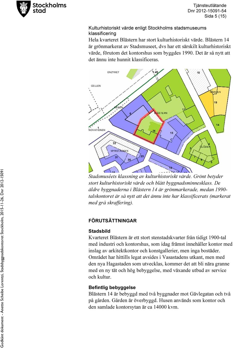 Stadsmuséets klassning av kulturhistoriskt värde. Grönt betyder stort kulturhistoriskt värde och blått byggnadsminnesklass.