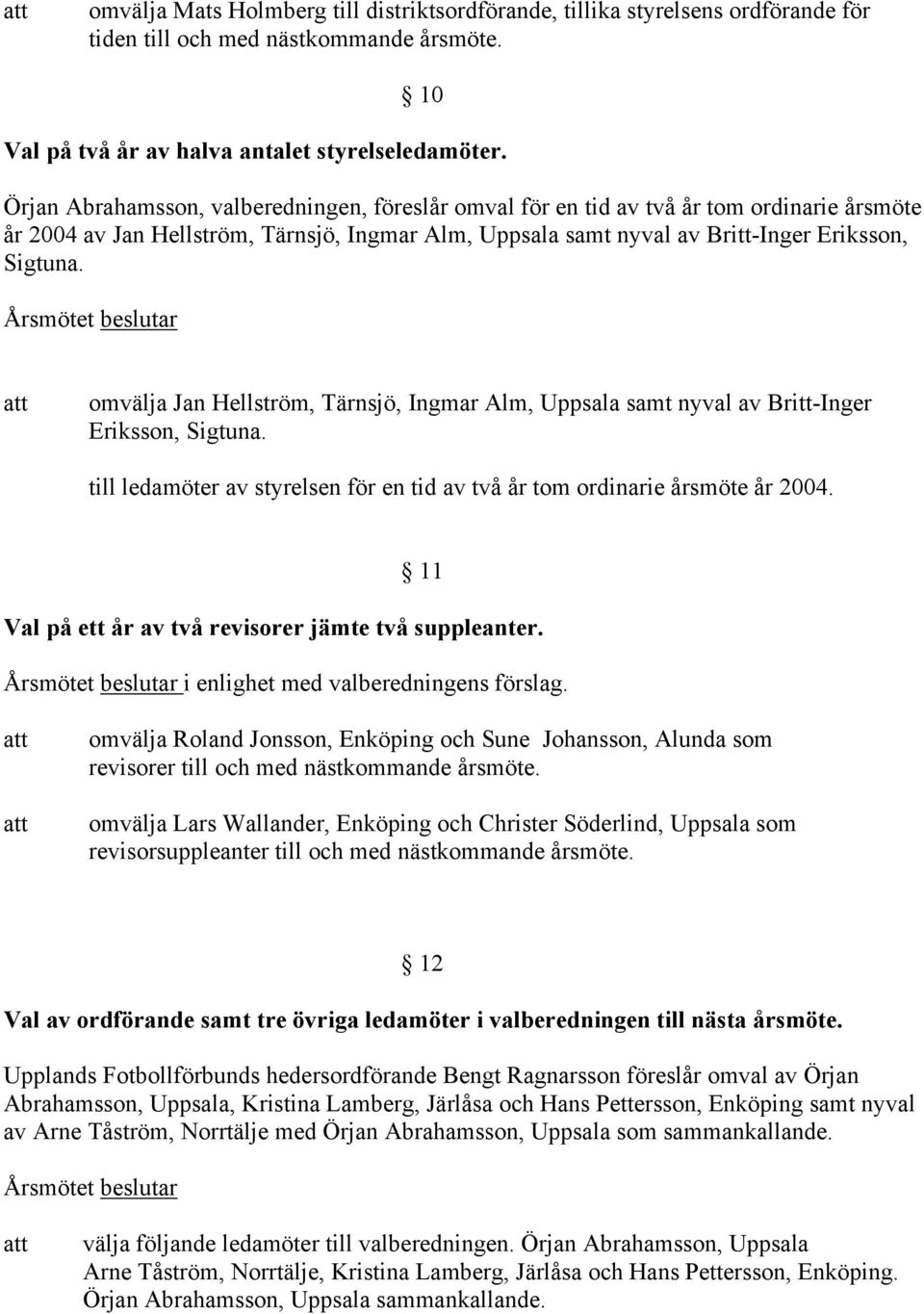 omvälja Jan Hellström, Tärnsjö, Ingmar Alm, Uppsala samt nyval av Britt-Inger Eriksson, Sigtuna. till ledamöter av styrelsen för en tid av två år tom ordinarie årsmöte år 2004.