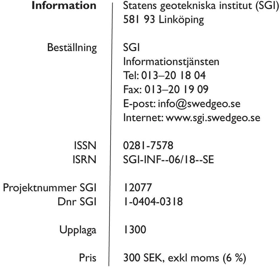 Tel: 013 20 18 04 Fax: 013 20 19 09 E-post: info@swedgeo.se Internet: www.sgi.