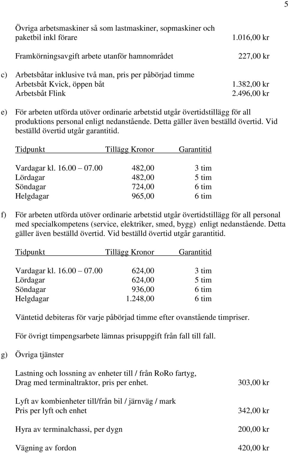 Detta gäller även beställd övertid. Vid beställd övertid utgår garantitid. Tidpunkt Tillägg Kronor Garantitid Vardagar kl. 16.00 07.