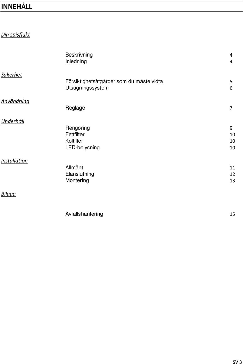 Utsugningssystem 6 Reglage 7 Rengöring 9 Fettfilter 10 Kolfilter 10