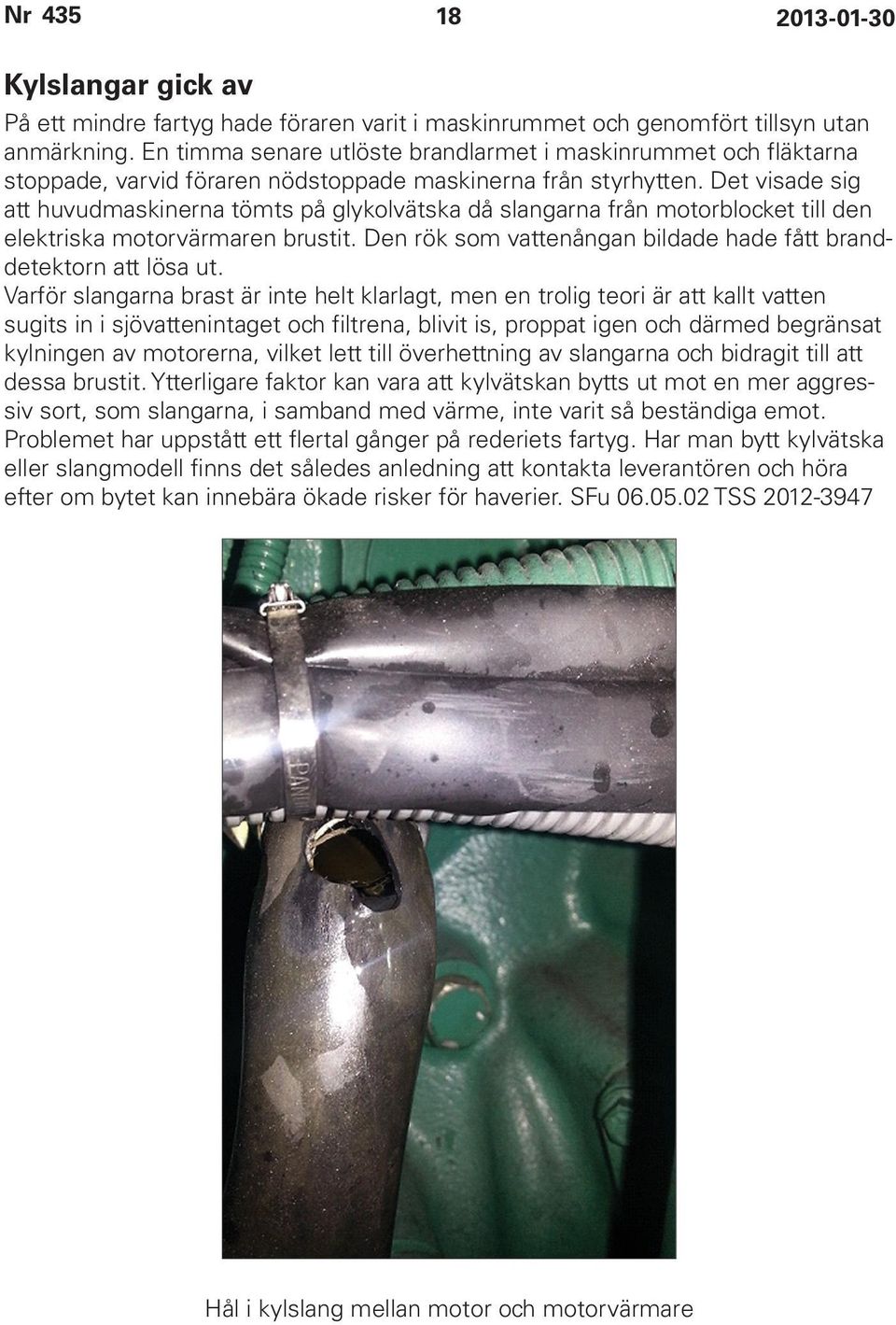 Det visade sig att huvudmaskinerna tömts på glykolvätska då slangarna från motorblocket till den elektriska motorvärmaren brustit. Den rök som vattenångan bildade hade fått branddetektorn att lösa ut.