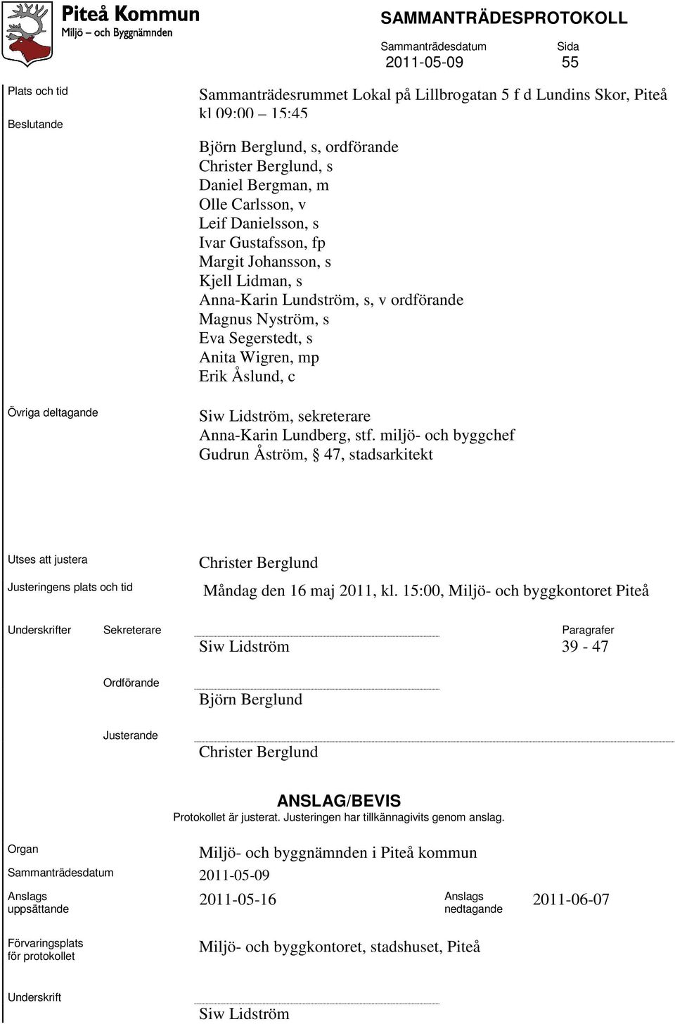 Anita Wigren, mp Erik Åslund, c Siw Lidström, sekreterare Anna-Karin Lundberg, stf.