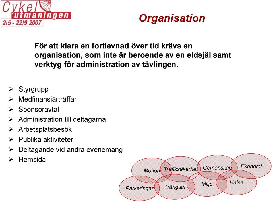 Styrgrupp Medfinansiärträffar Sponsoravtal Administration till deltagarna Arbetsplatsbesök