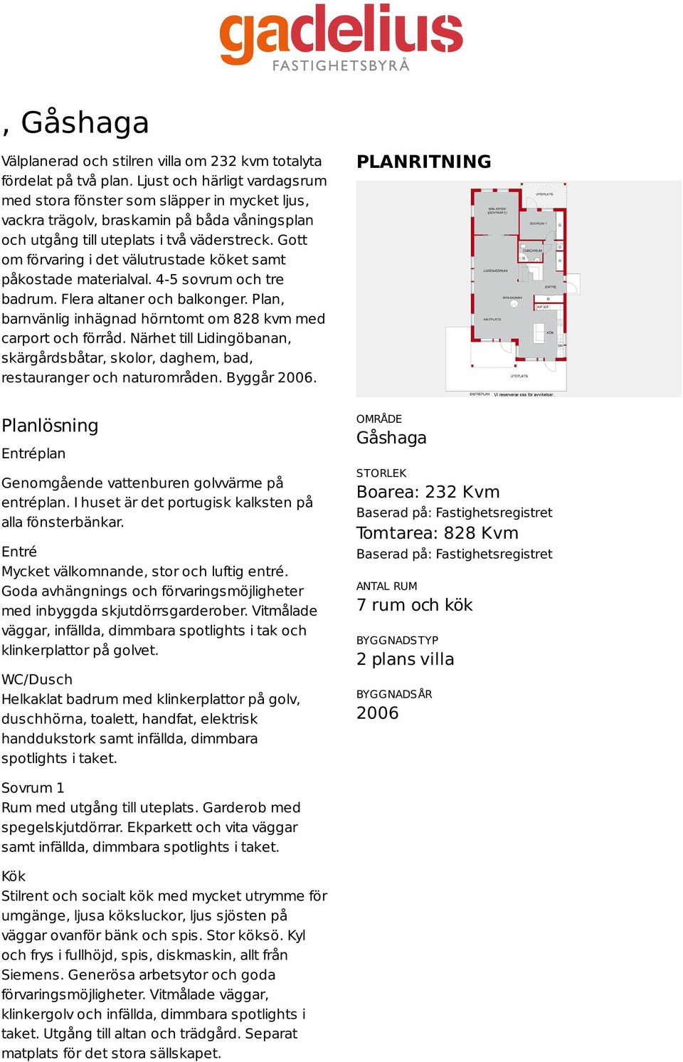 Gott om förvaring i det välutrustade köket samt påkostade materialval. 4-5 sovrum och tre badrum. Flera altaner och balkonger. Plan, barnvänlig inhägnad hörntomt om 828 kvm med carport och förråd.