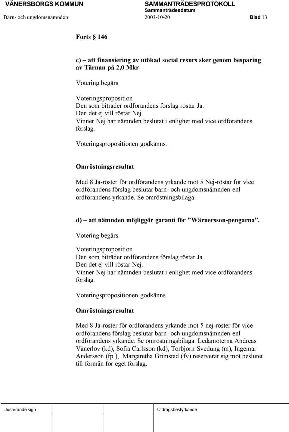 Voteringspropositionen godkänns. Omröstningsresultat Med 8 Ja-röster för ordförandens yrkande mot 5 Nej-röstar för vice ordförandens förslag beslutar barn- och ungdomsnämnden enl ordförandens yrkande.