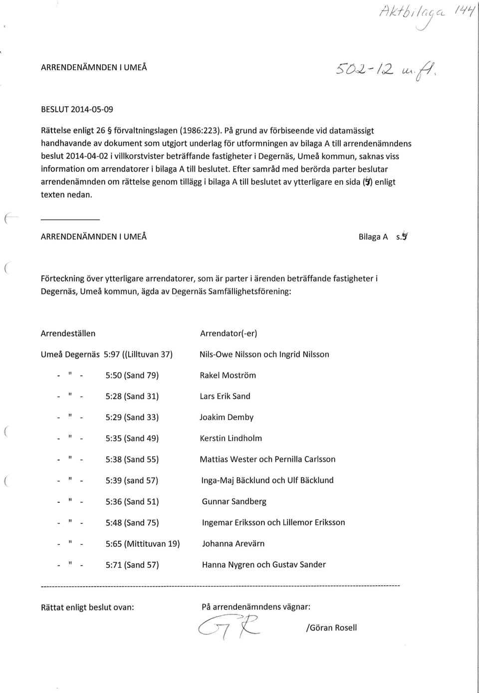 Degernäs, Umeå kommun, saknas viss information om arrendatorer i bilaga A till beslutet.
