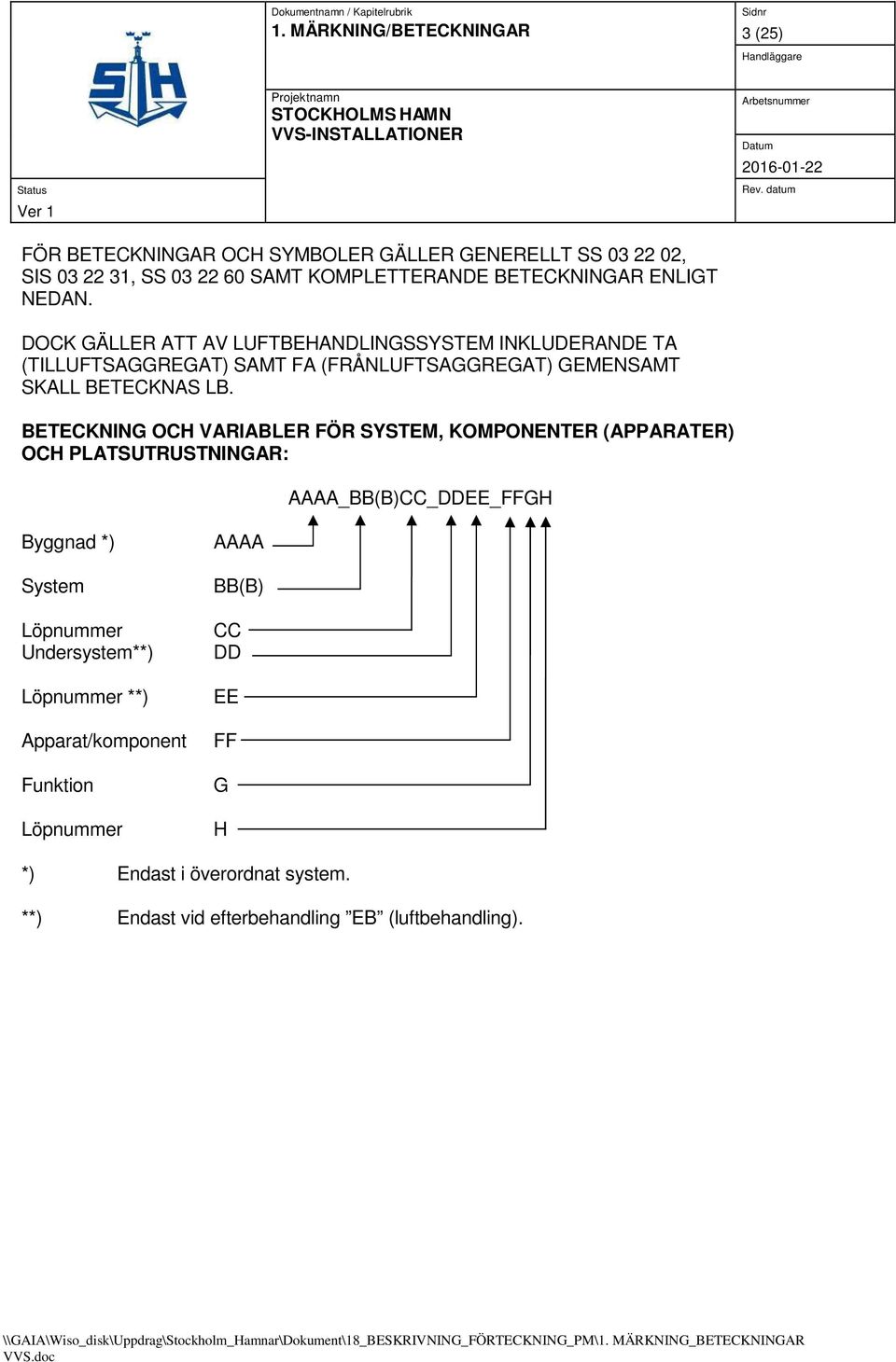 BETECKNING OCH VARIABLER FÖR SYSTEM, KOMPONENTER (APPARATER) OCH PLATSUTRUSTNINGAR: AAAA_BB(B)CC_DDEE_FFGH Byggnad *) System Löpnummer Undersystem**) Löpnummer **)